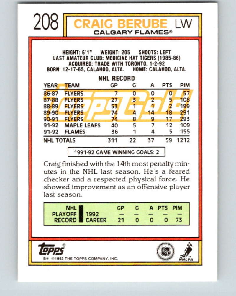 1992-93 Topps Gold #208G Craig Berube Mint Calgary Flames  Image 2
