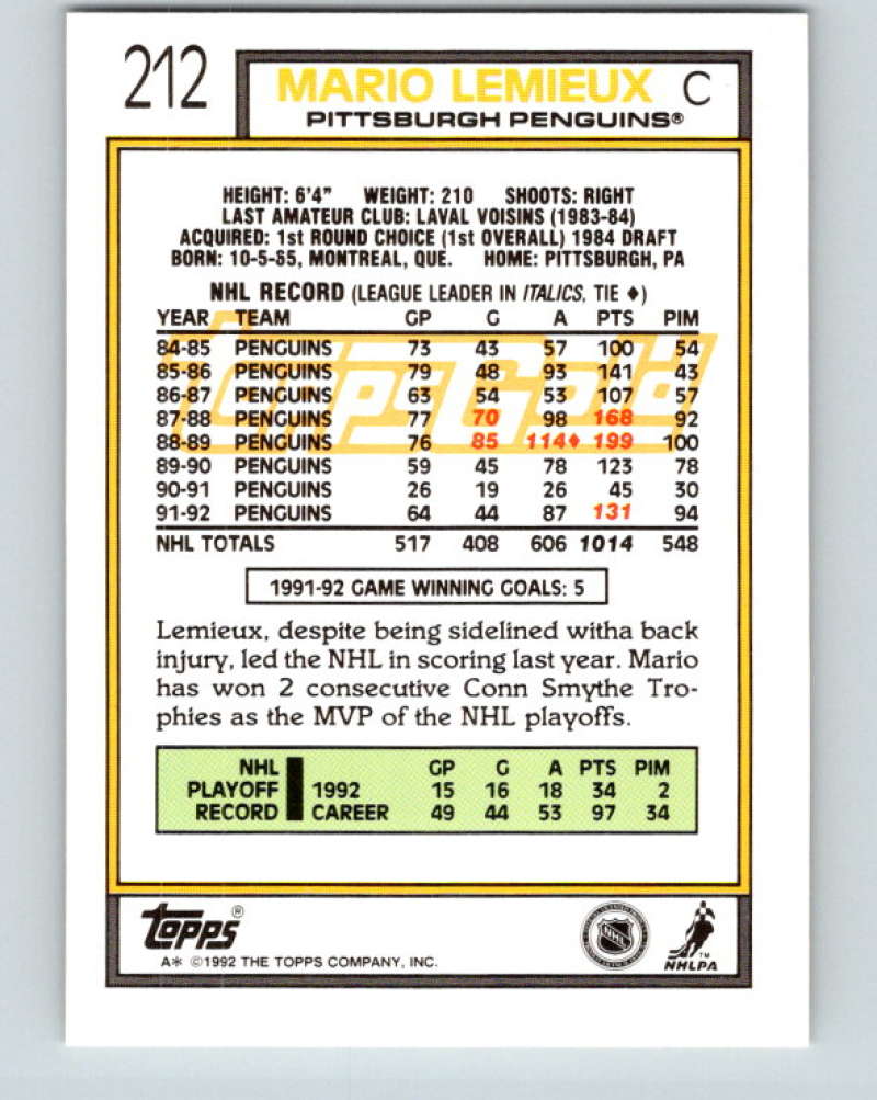 1992-93 Topps Gold #212G Mario Lemieux Mint Pittsburgh Penguins