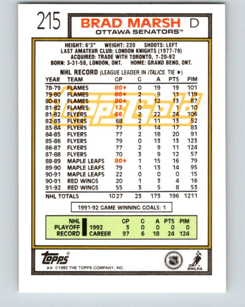 1992-93 Topps Gold #215G Brad Marsh Mint Detroit Red Wings  Image 2