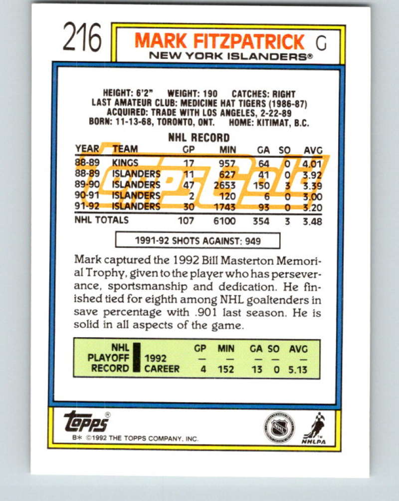 1992-93 Topps Gold #216G Mark Fitzpatrick Mint New York Islanders  Image 2