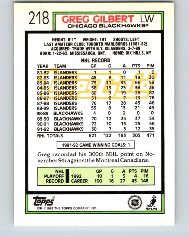 1992-93 Topps Gold #218G Greg Gilbert Mint Chicago Blackhawks  Image 2