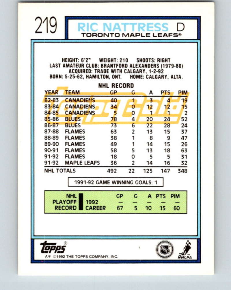 1992-93 Topps Gold #219G Ric Nattress Mint Toronto Maple Leafs