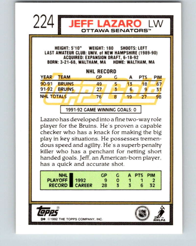 1992-93 Topps Gold #224G Jeff Lazaro Mint Ottawa Senators