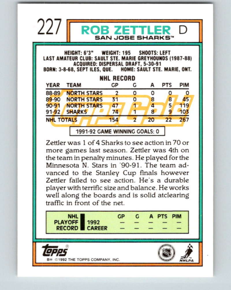 1992-93 Topps Gold #227G Rob Zettler Mint San Jose Sharks