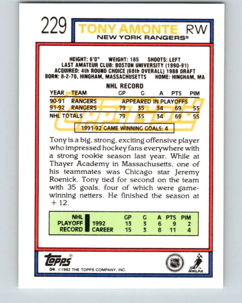 1992-93 Topps Gold #229G Tony Amonte Mint New York Rangers