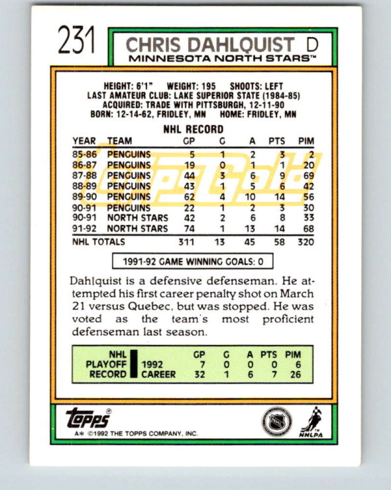1992-93 Topps Gold #231G Chris Dahlquist Mint Minnesota North Stars