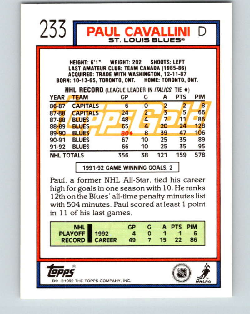 1992-93 Topps Gold #233G Paul Cavallini Mint St. Louis Blues