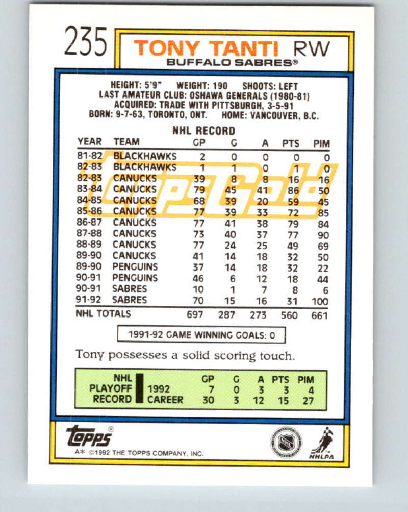 1992-93 Topps Gold #235G Tony Tanti Mint Buffalo Sabres