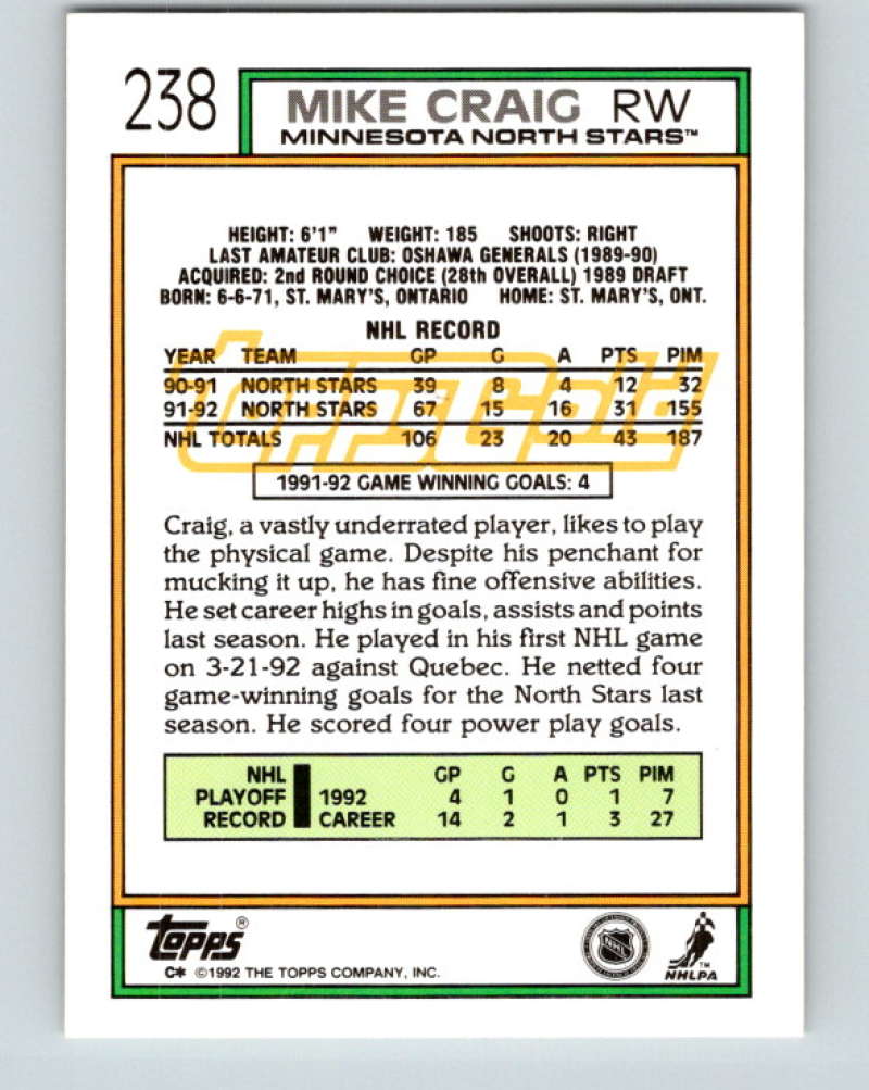 1992-93 Topps Gold #238G Mike Craig Mint Minnesota North Stars