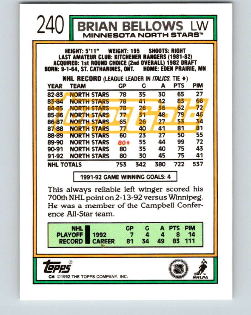 1992-93 Topps Gold #240G Brian Bellows Mint Minnesota North Stars  Image 2