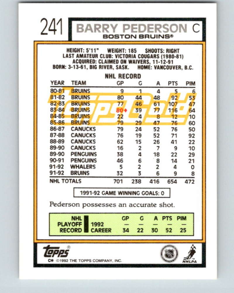1992-93 Topps Gold #241G Barry Pederson Mint Boston Bruins