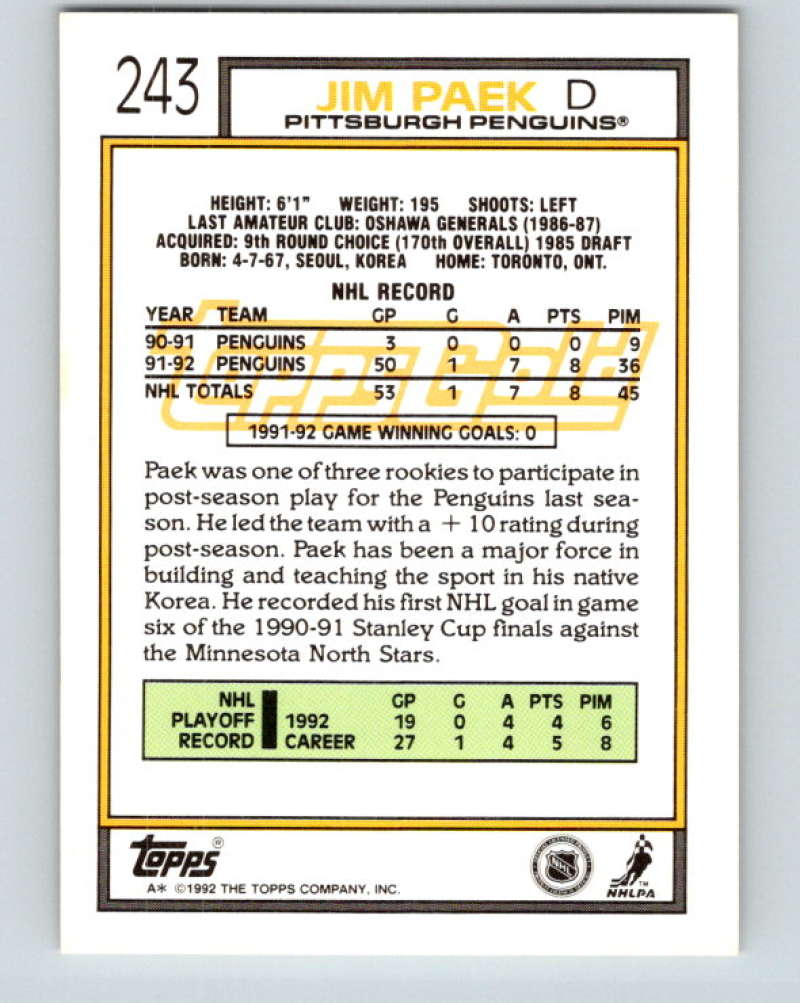 1992-93 Topps Gold #243G Jim Paek Mint Pittsburgh Penguins  Image 2