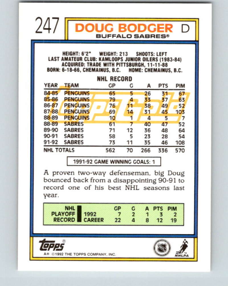 1992-93 Topps Gold #247G Doug Bodger Mint Buffalo Sabres