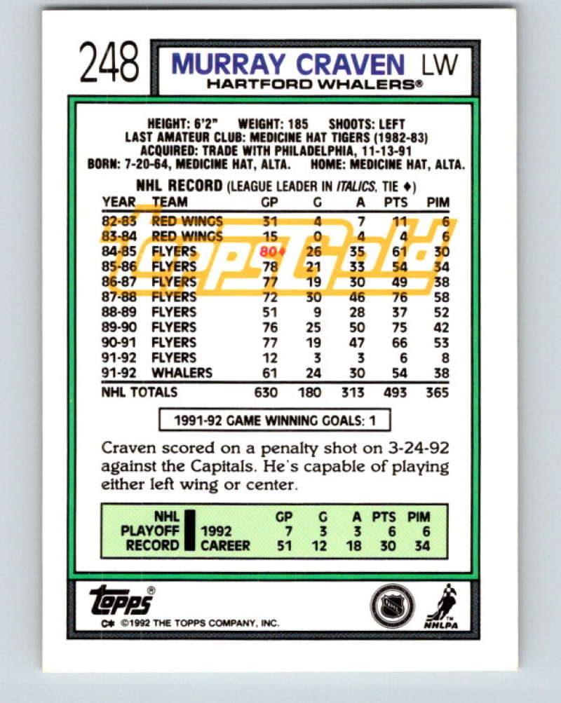 1992-93 Topps Gold #248G Murray Craven Mint Hartford Whalers
