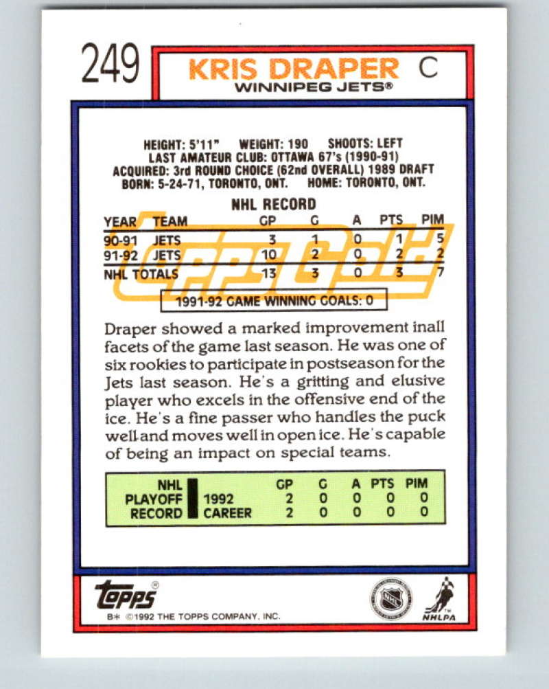 1992-93 Topps Gold #249G Kris Draper Mint Winnipeg Jets  Image 2