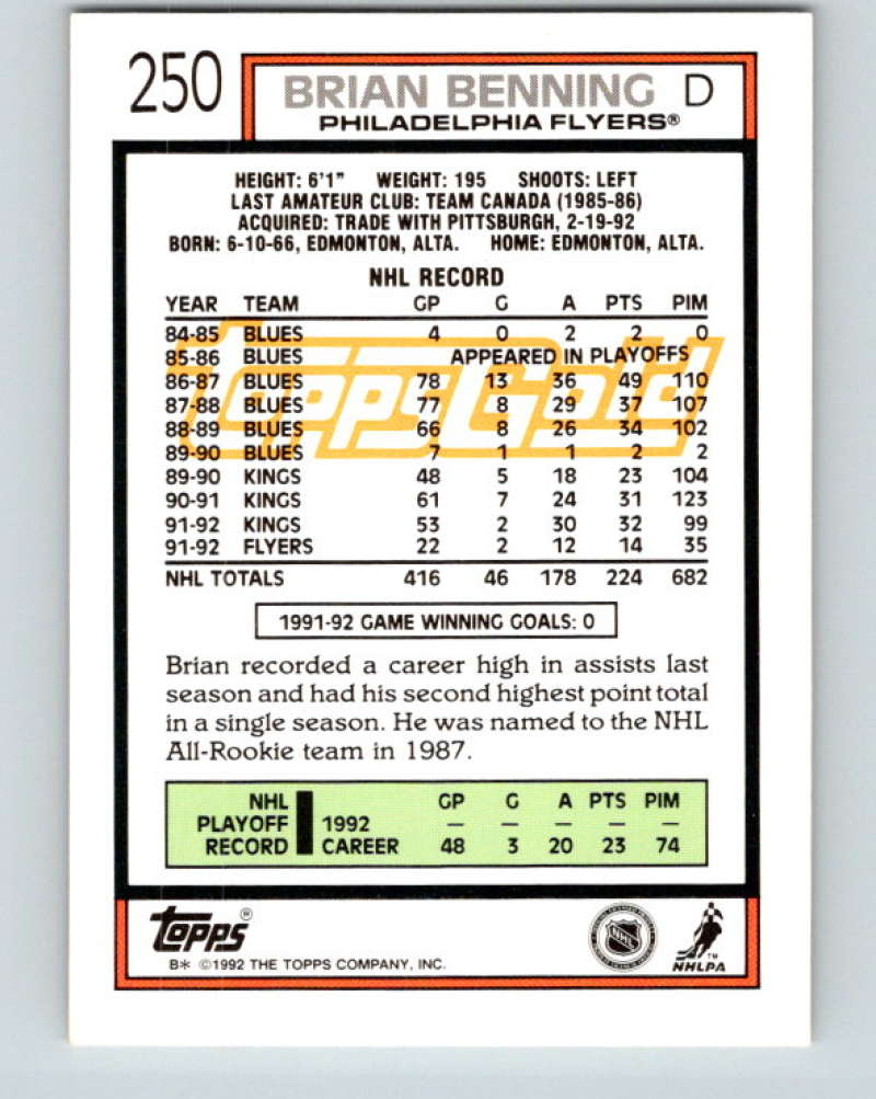 1992-93 Topps Gold #250G Brian Benning Mint Philadelphia Flyers  Image 2