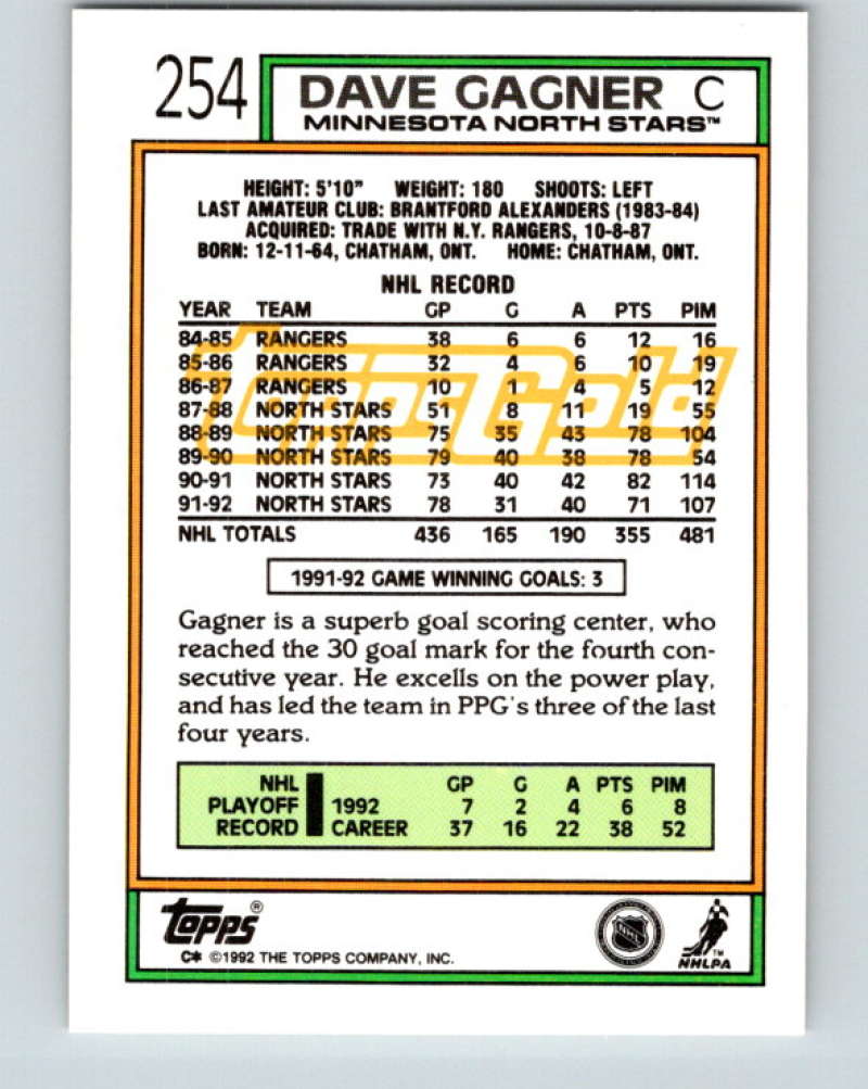 1992-93 Topps Gold #254G Dave Gagner Mint Minnesota North Stars  Image 2