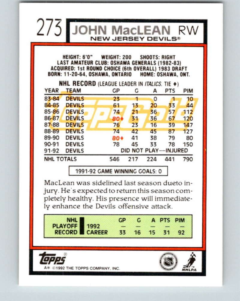 1992-93 Topps Gold #273G John MacLean Mint New Jersey Devils