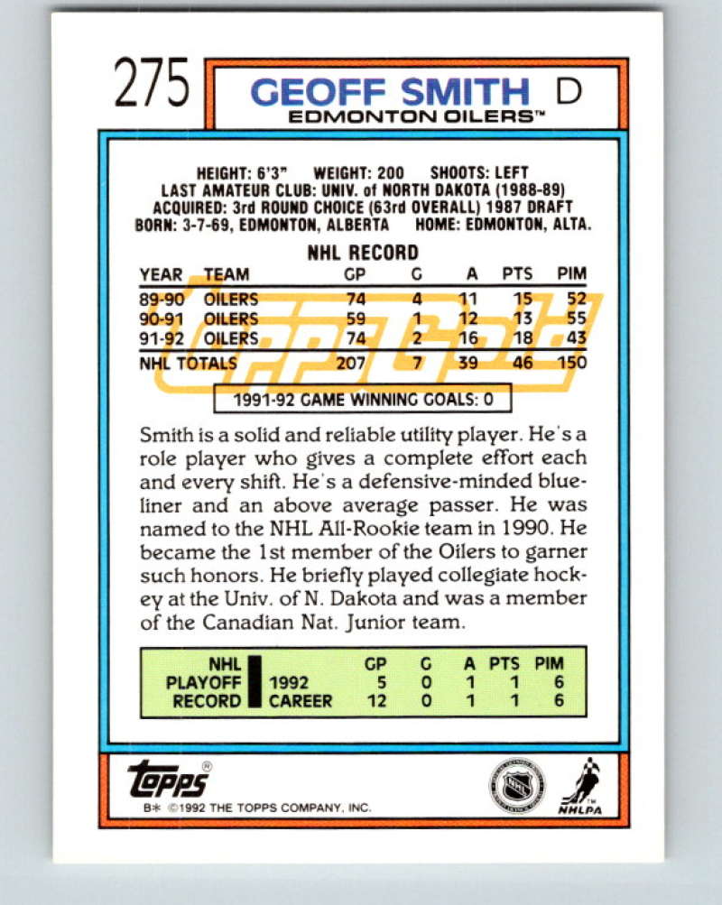 1992-93 Topps Gold #275G Geoff Smith Mint Edmonton Oilers  Image 2