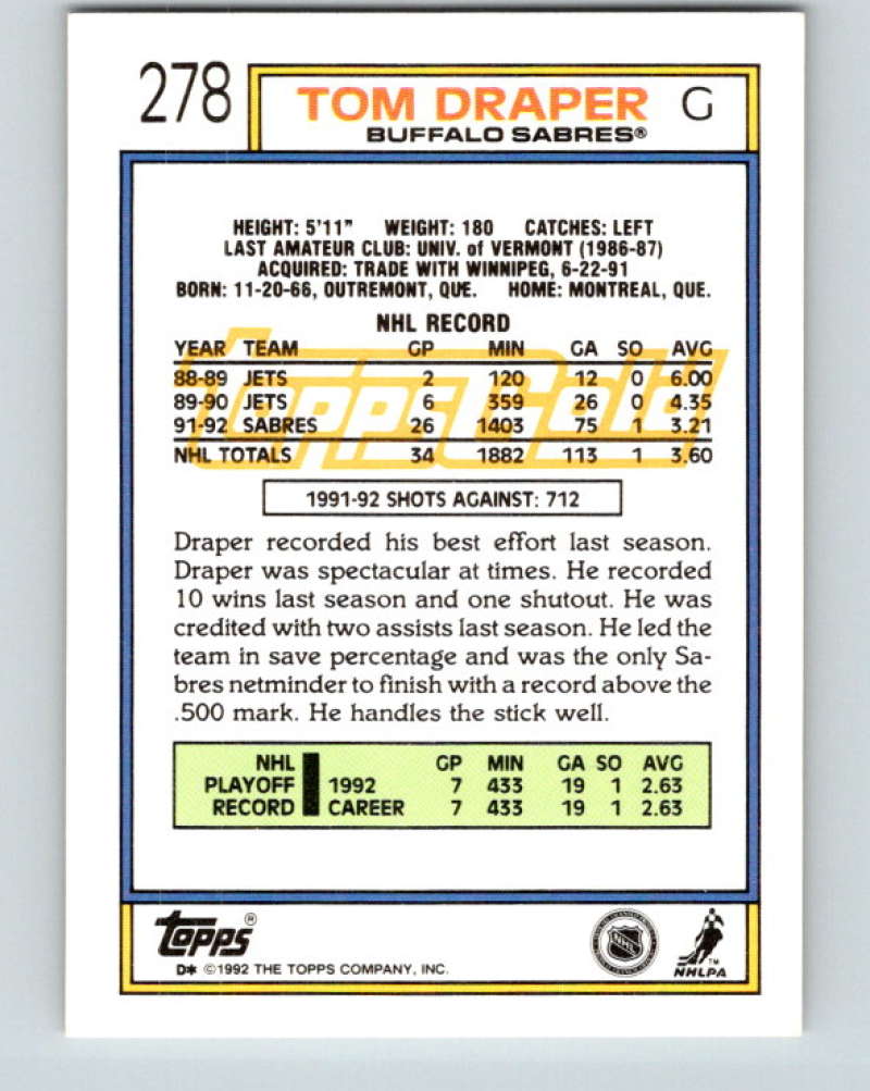 1992-93 Topps Gold #278G Tom Draper Mint Buffalo Sabres