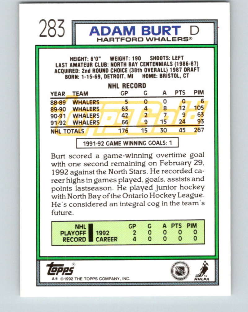 1992-93 Topps Gold #283G Adam Burt Mint Hartford Whalers