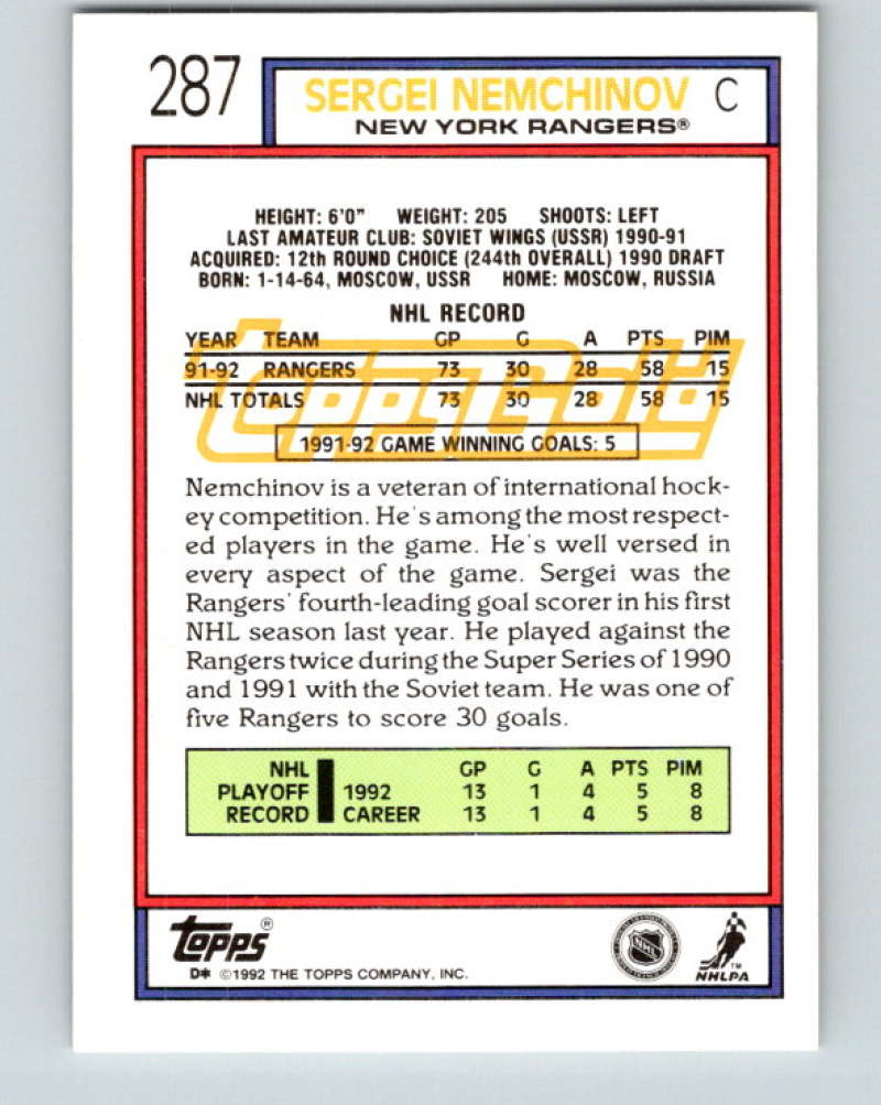 1992-93 Topps Gold #287G Sergei Nemchinov Mint New York Rangers  Image 2