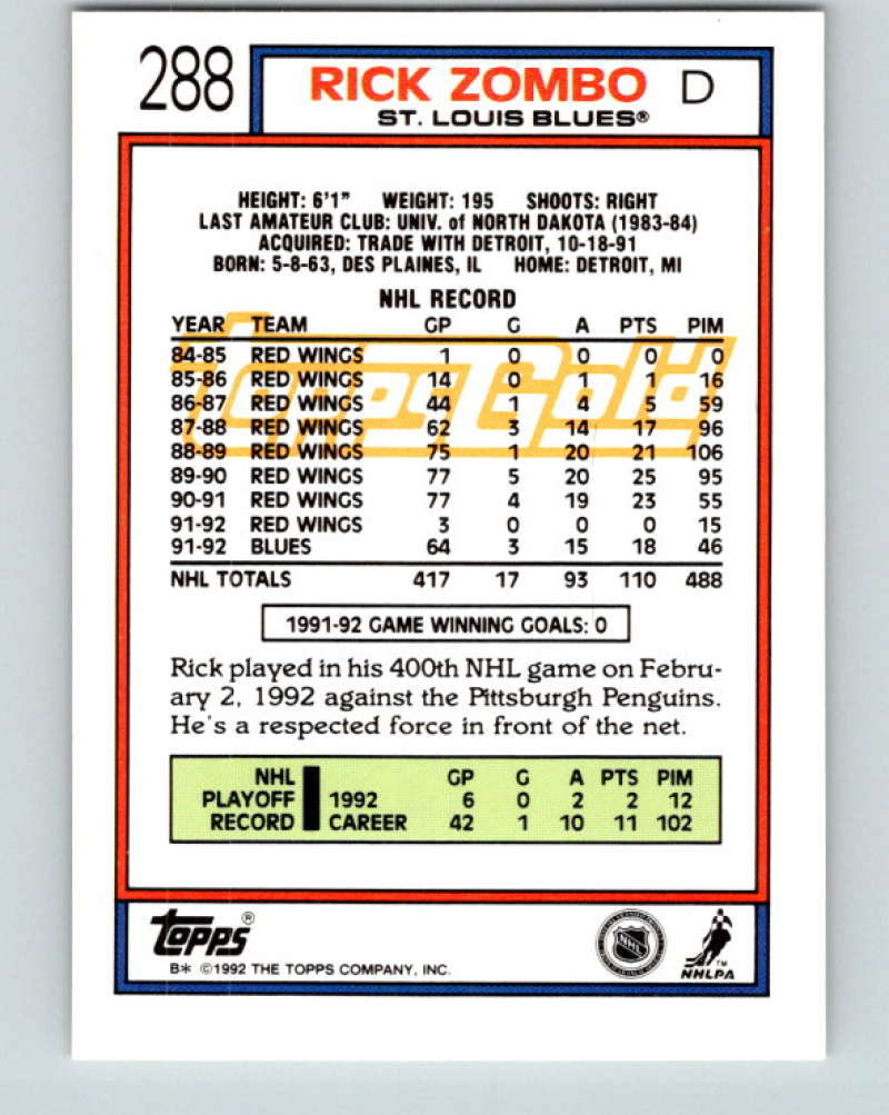 1992-93 Topps Gold #288G Rick Zombo Mint St. Louis Blues