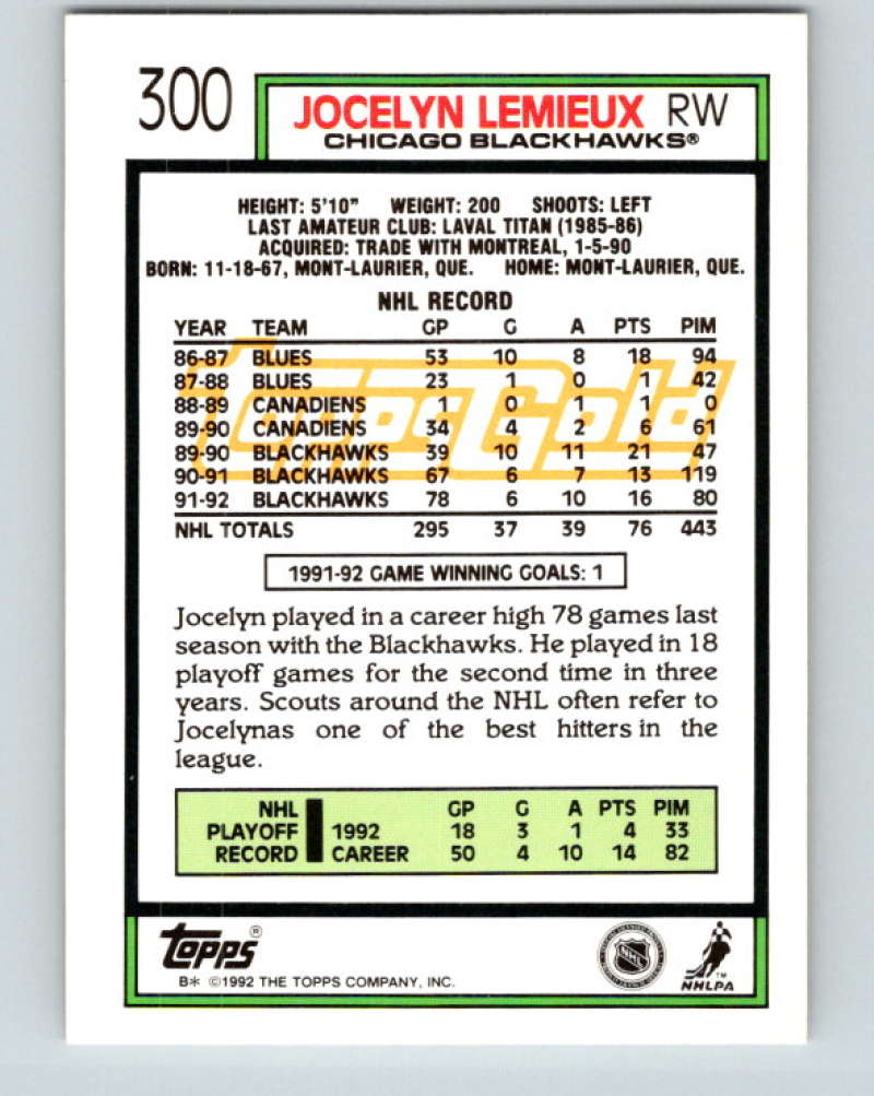 1992-93 Topps Gold #300G Jocelyn Lemieux Mint Chicago Blackhawks