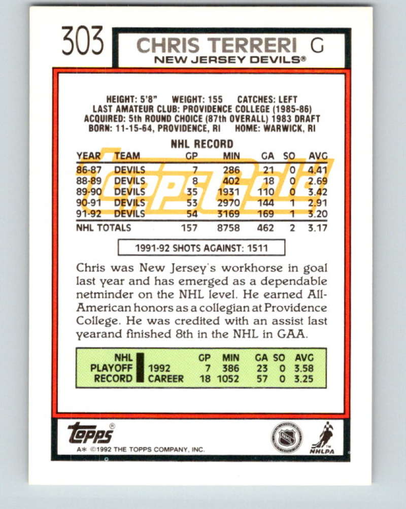 1992-93 Topps Gold #303G Chris Terreri Mint New Jersey Devils  Image 2