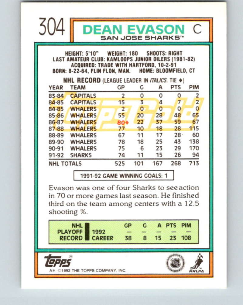 1992-93 Topps Gold #304G Dean Evason Mint San Jose Sharks