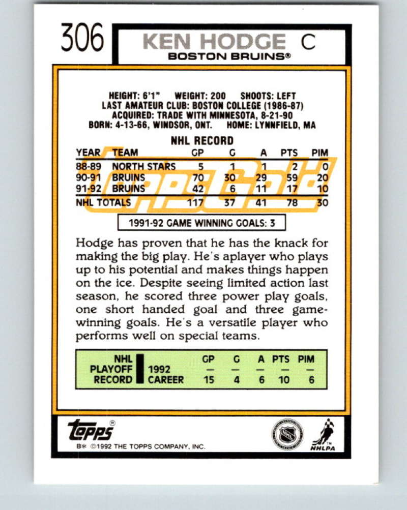 1992-93 Topps Gold #306G Ken Hodge Jr. Mint Boston Bruins  Image 2