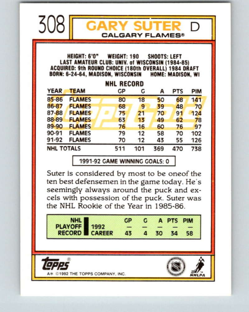 1992-93 Topps Gold #308G Gary Suter Mint Calgary Flames  Image 2