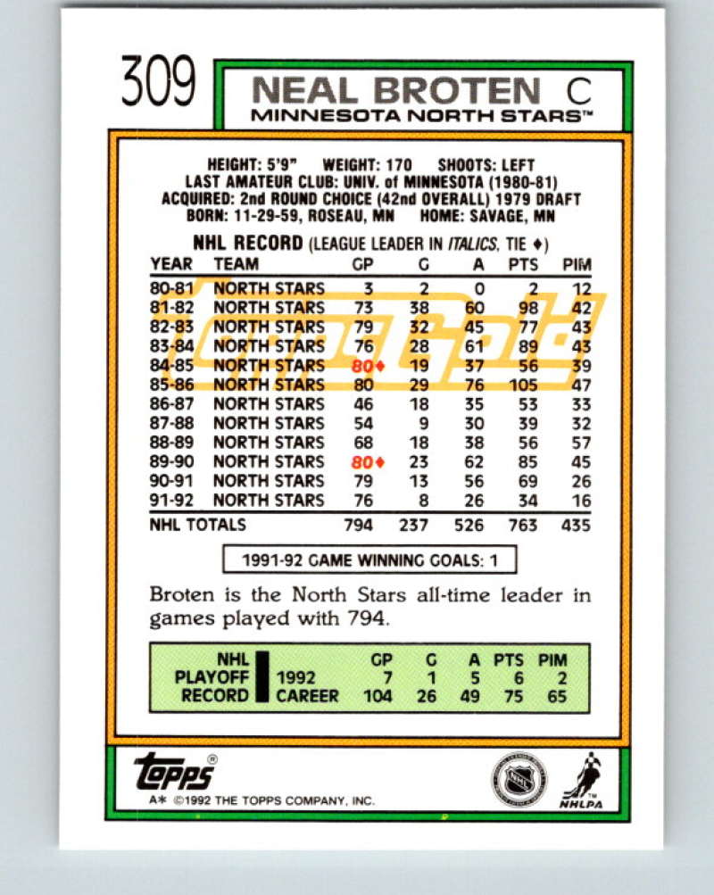 1992-93 Topps Gold #309G Neal Broten Mint Minnesota North Stars