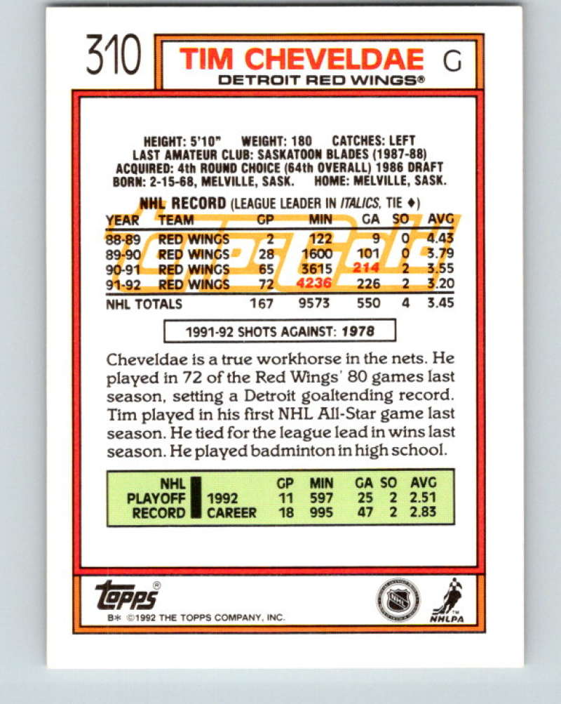 1992-93 Topps Gold #310G Tim Cheveldae Mint Detroit Red Wings