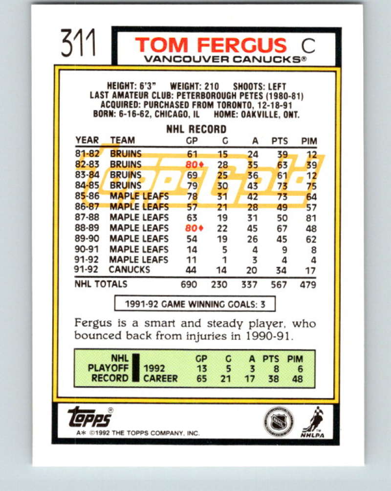 1992-93 Topps Gold #311G Tom Fergus Mint Vancouver Canucks  Image 2