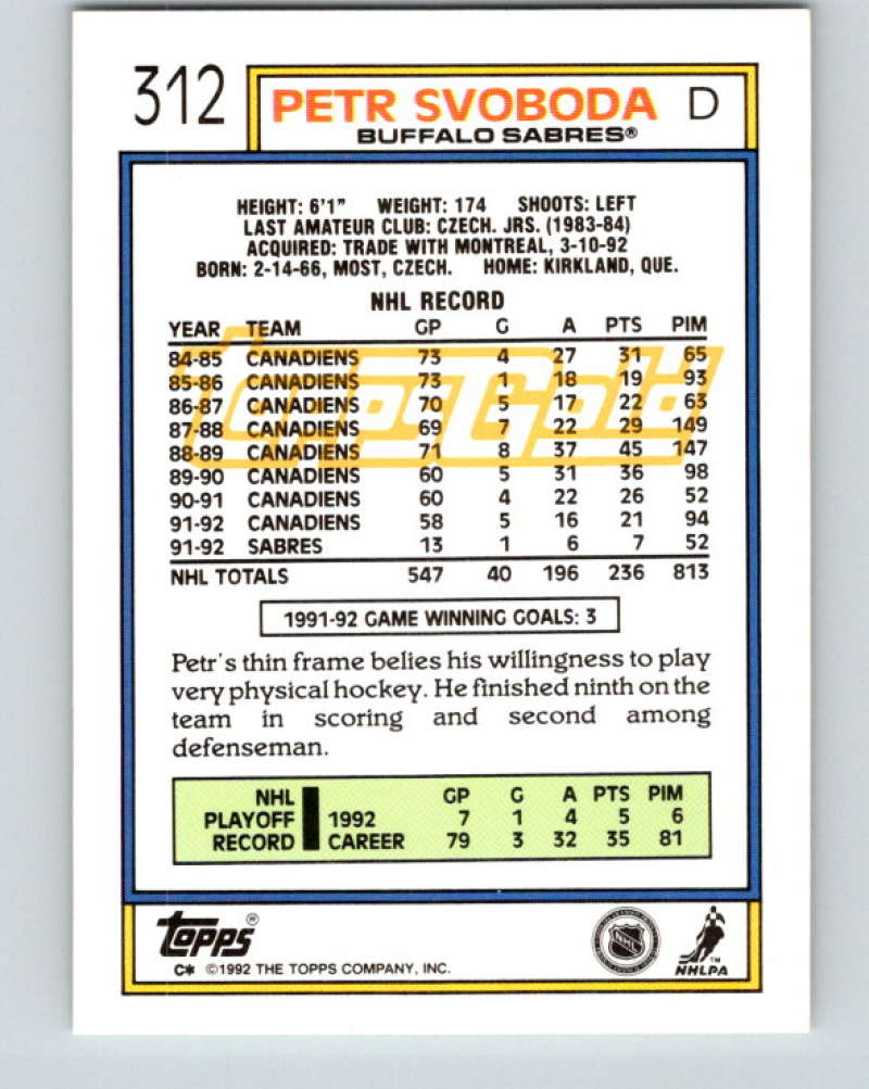 1992-93 Topps Gold #312G Petr Svoboda Mint Buffalo Sabres