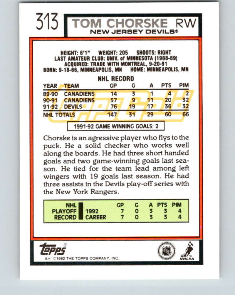 1992-93 Topps Gold #313G Tom Chorske Mint New Jersey Devils  Image 2