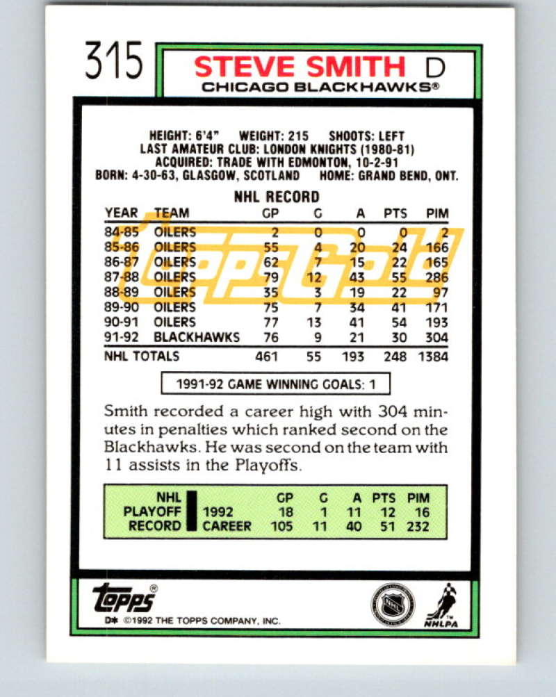 1992-93 Topps Gold #315G Steve Smith Mint Chicago Blackhawks