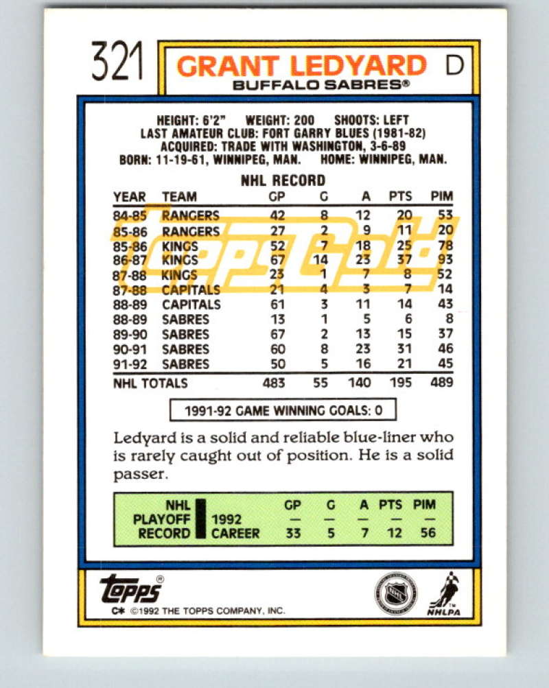 1992-93 Topps Gold #321G Grant Ledyard Mint Buffalo Sabres