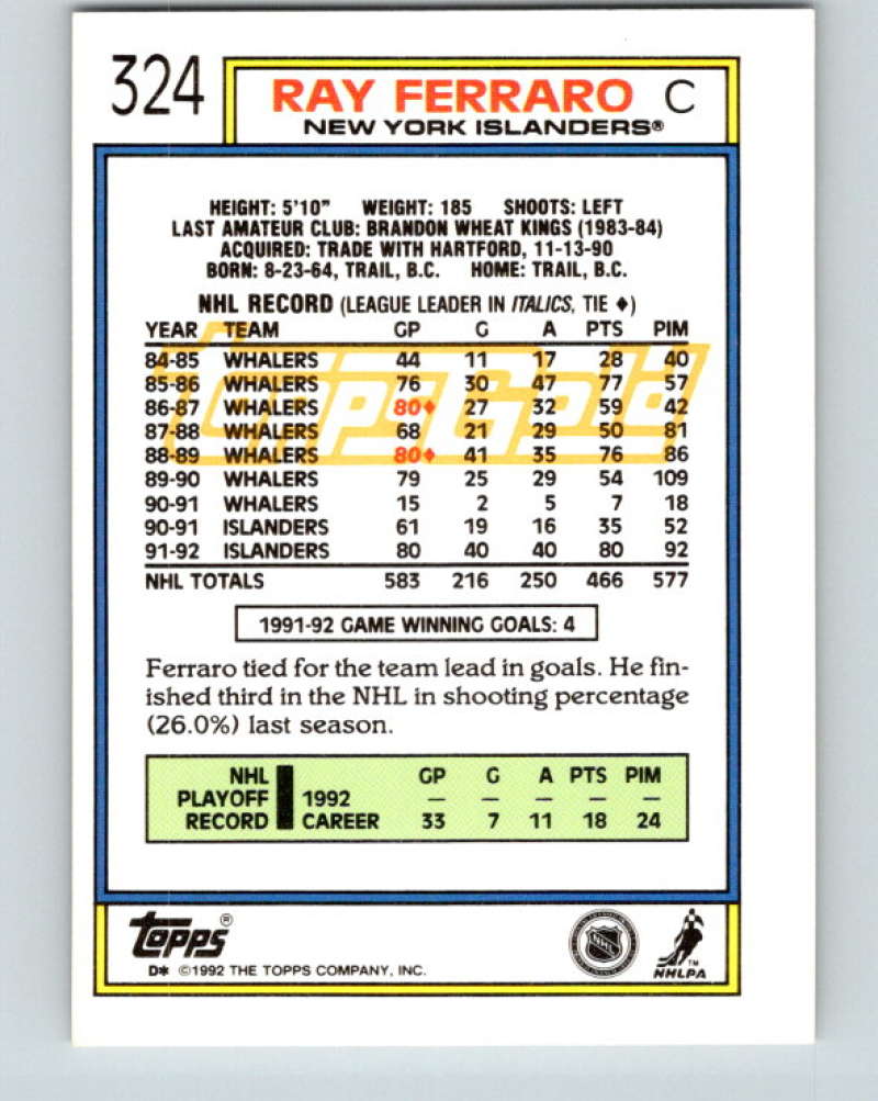 1992-93 Topps Gold #324G Ray Ferraro Mint New York Islanders