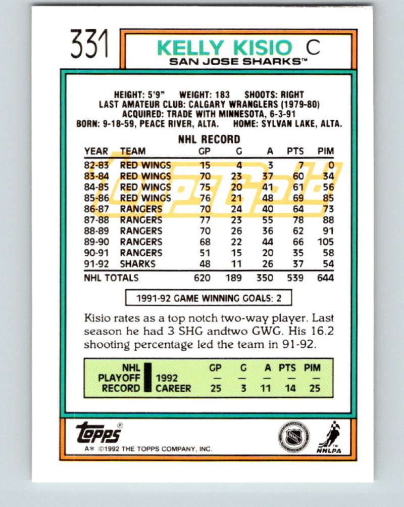 1992-93 Topps Gold #331G Kelly Kisio Mint San Jose Sharks