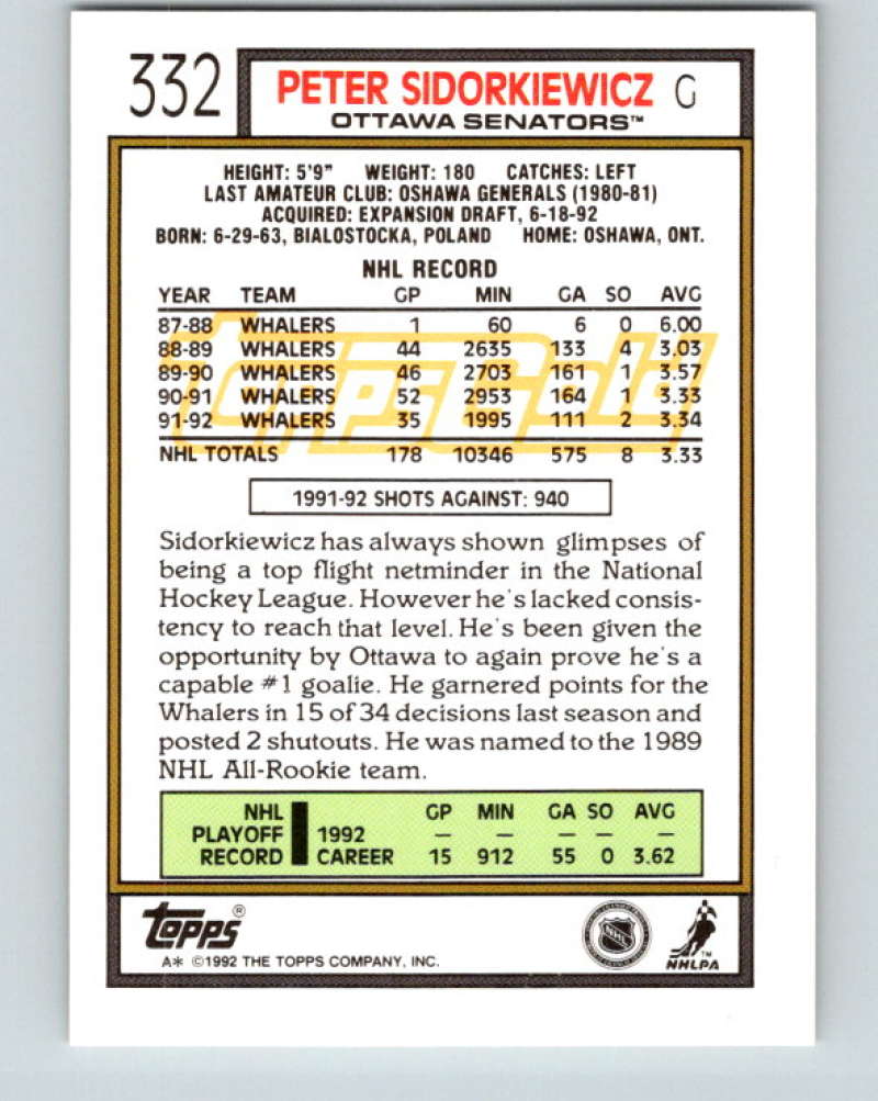 1992-93 Topps Gold #332G Peter Sidorkiewicz Mint Ottawa Senators