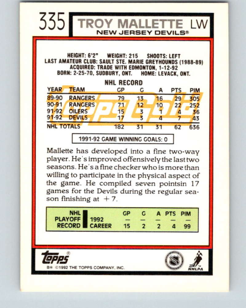 1992-93 Topps Gold #335G Troy Mallette Mint New Jersey Devils