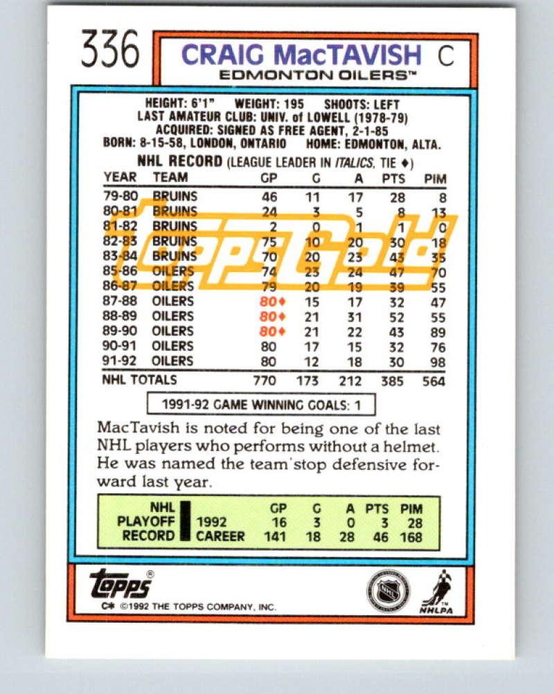 1992-93 Topps Gold #336G Craig MacTavish Mint Edmonton Oilers