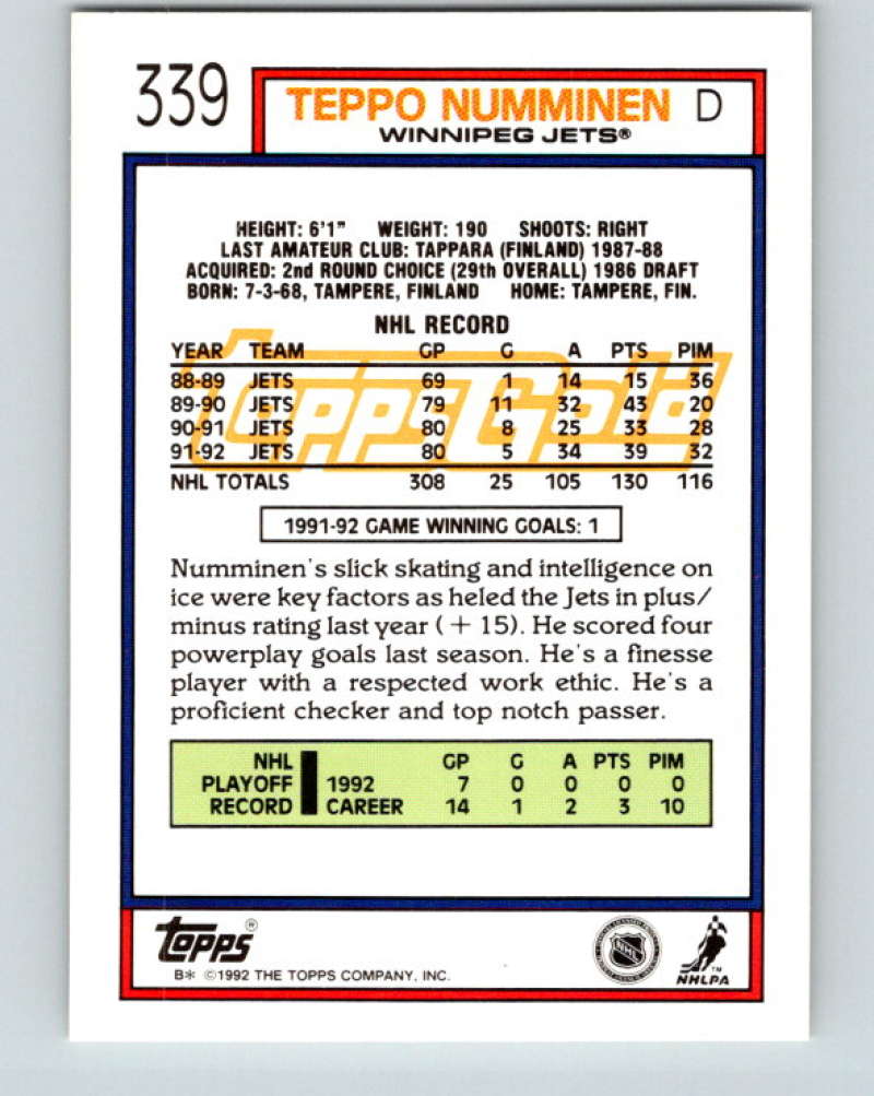 1992-93 Topps Gold #339G Teppo Numminen Mint Winnipeg Jets  Image 2