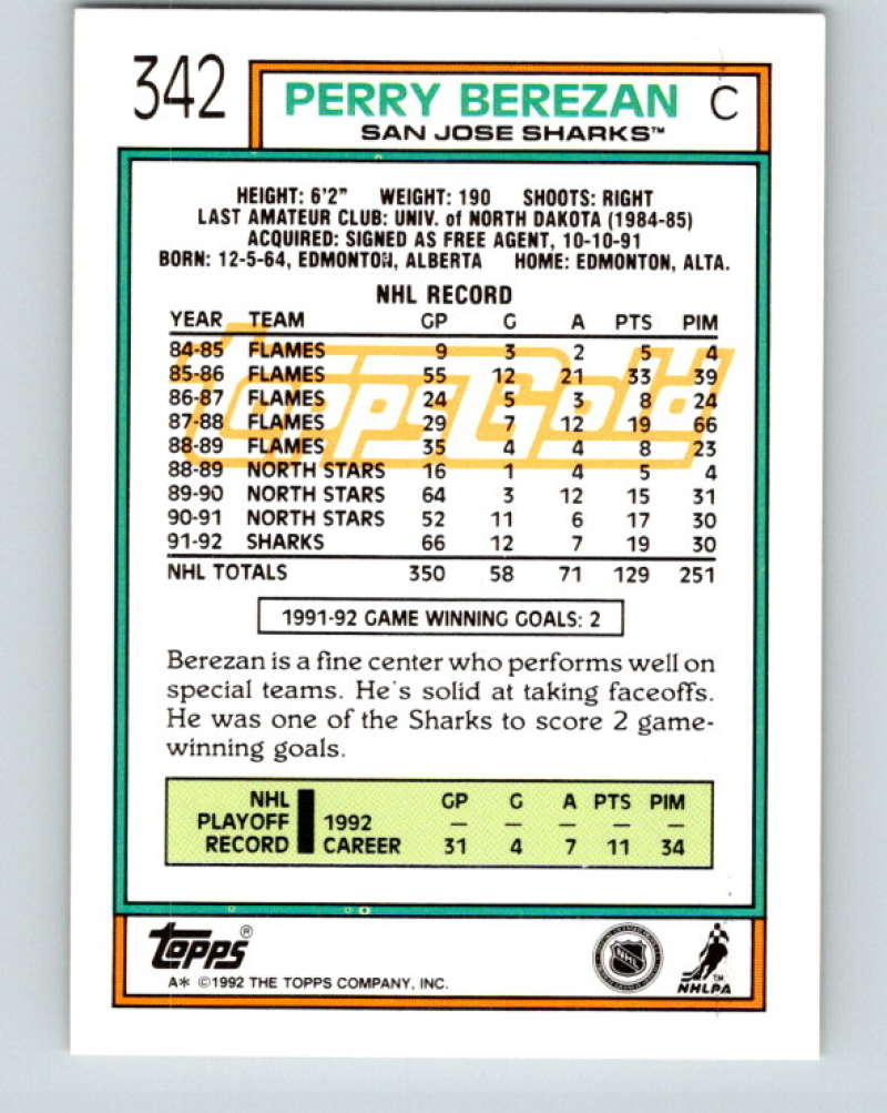 1992-93 Topps Gold #342G Perry Berezan Mint San Jose Sharks  Image 2