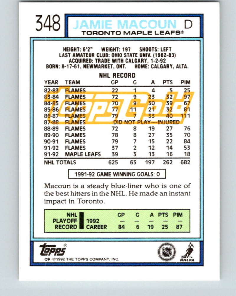 1992-93 Topps Gold #348G Jamie Macoun Mint Toronto Maple Leafs