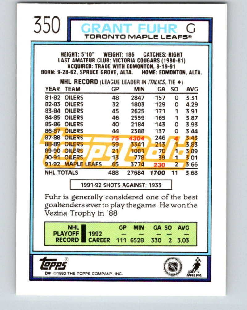 1992-93 Topps Gold #350G Grant Fuhr Mint Toronto Maple Leafs