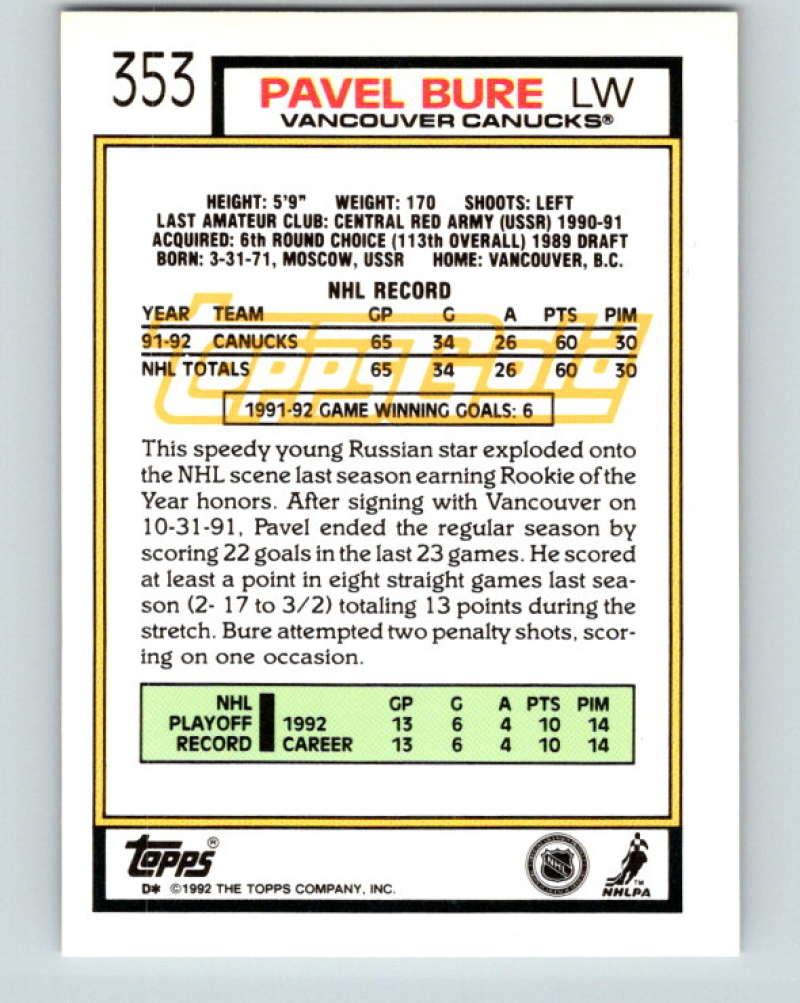 1992-93 Topps Gold #353G Pavel Bure Mint Vancouver Canucks