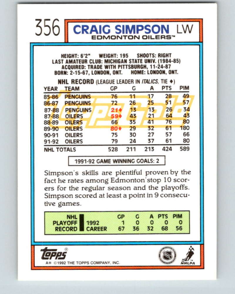 1992-93 Topps Gold #356G Craig Simpson Mint Edmonton Oilers  Image 2